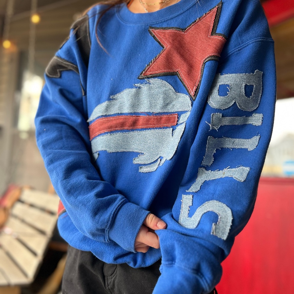 Buffalo Bills Patchwork Blue Crewneck Sweatshirt with Denim 17 (Large)